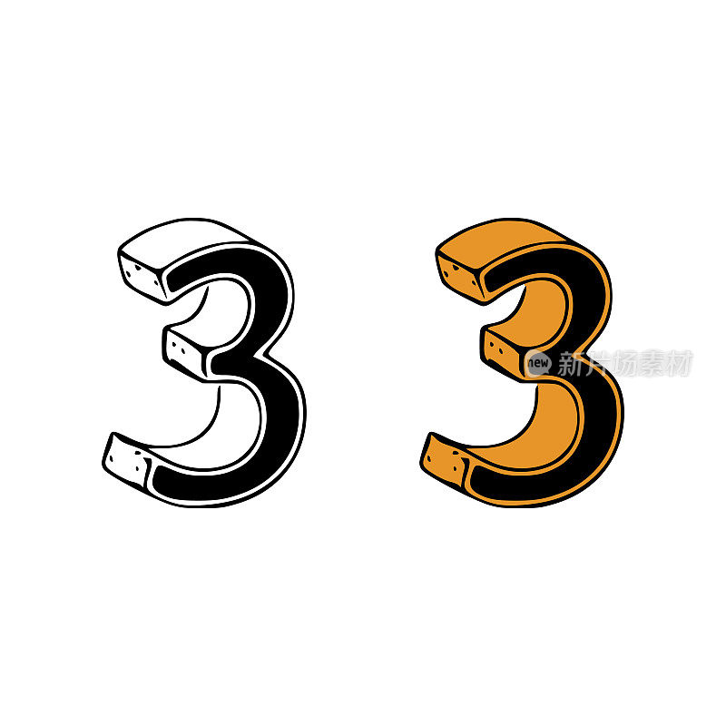 Isometric number 3 doodle vector illustration on white background. Number clip art.